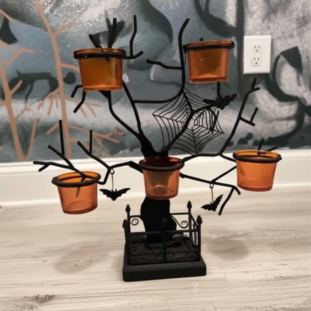 Halloween Black Metal Tree with Glass Votives